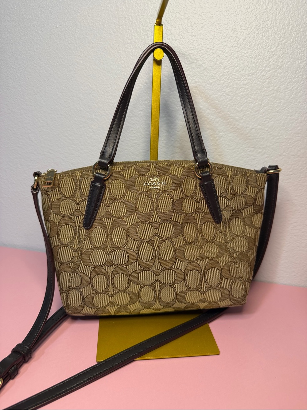 Coach Brown Signature Canvas Shoulder Tote with Dark Brown Trim